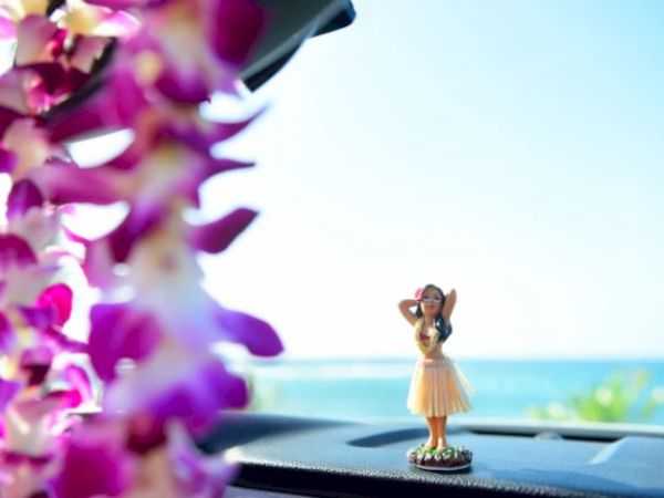 The image shows a dashboard with a hula girl figurine and a flower lei draped over the camera, against a backdrop of the ocean.