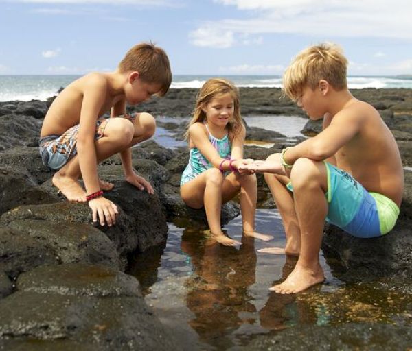 Three children in swimwear explore a rock pool near the ocean, crouching and looking intently at something in the water.