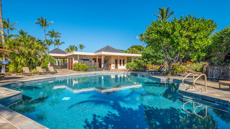 A luxurious outdoor pool with a ladder, surrounded by lush tropical plants, sun loungers, and a modern building is in the background, under a blue sky.