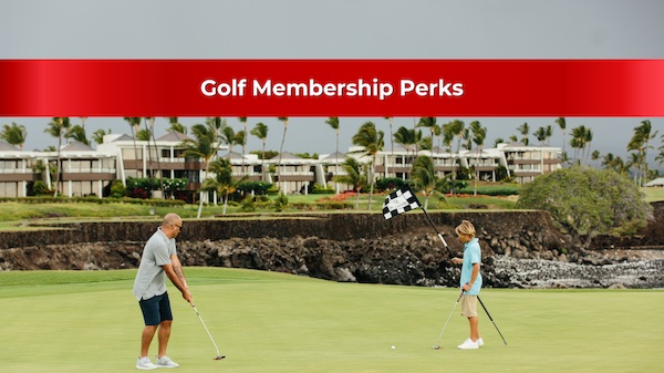 A person putting on a golf course and another holding a flag with the text "Golf Membership Perks" on a red banner above.